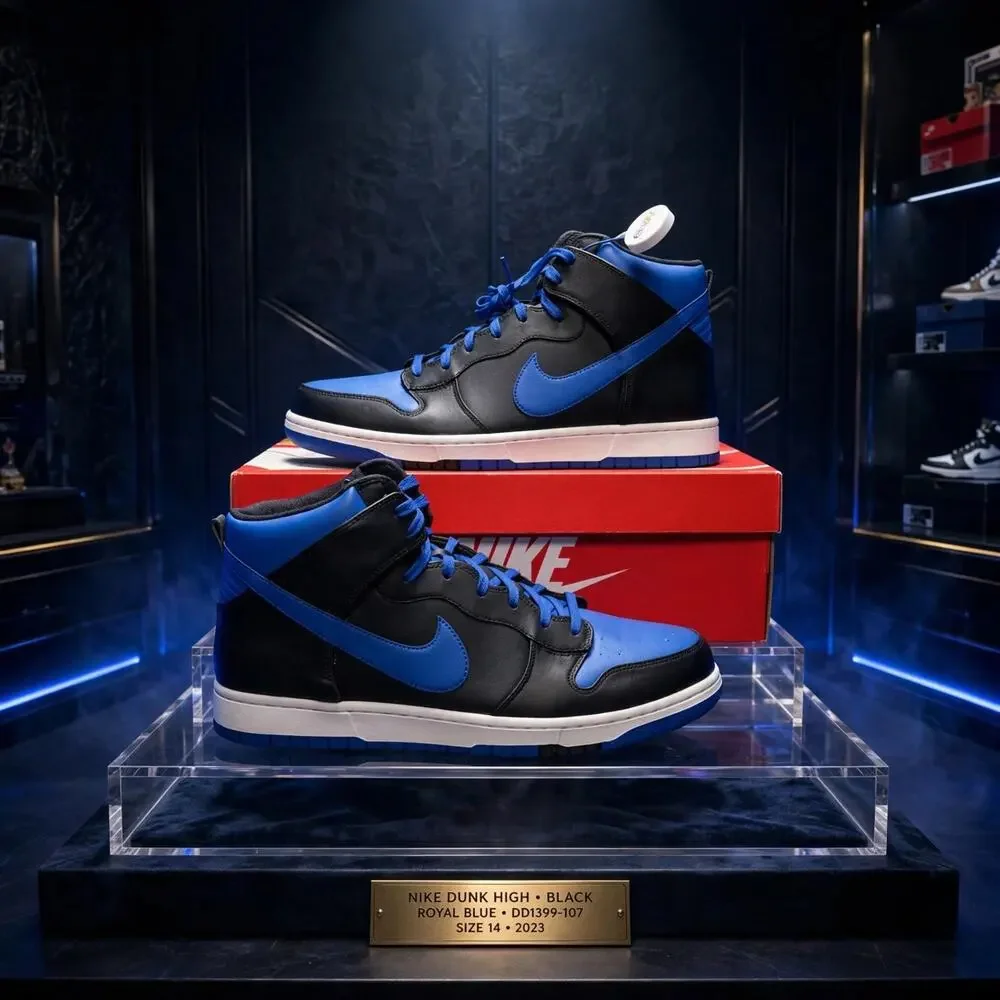 Size 14 - Nike Dunk High Black - Royal COMFORT 317982-049 Damaged Box Dead Stock